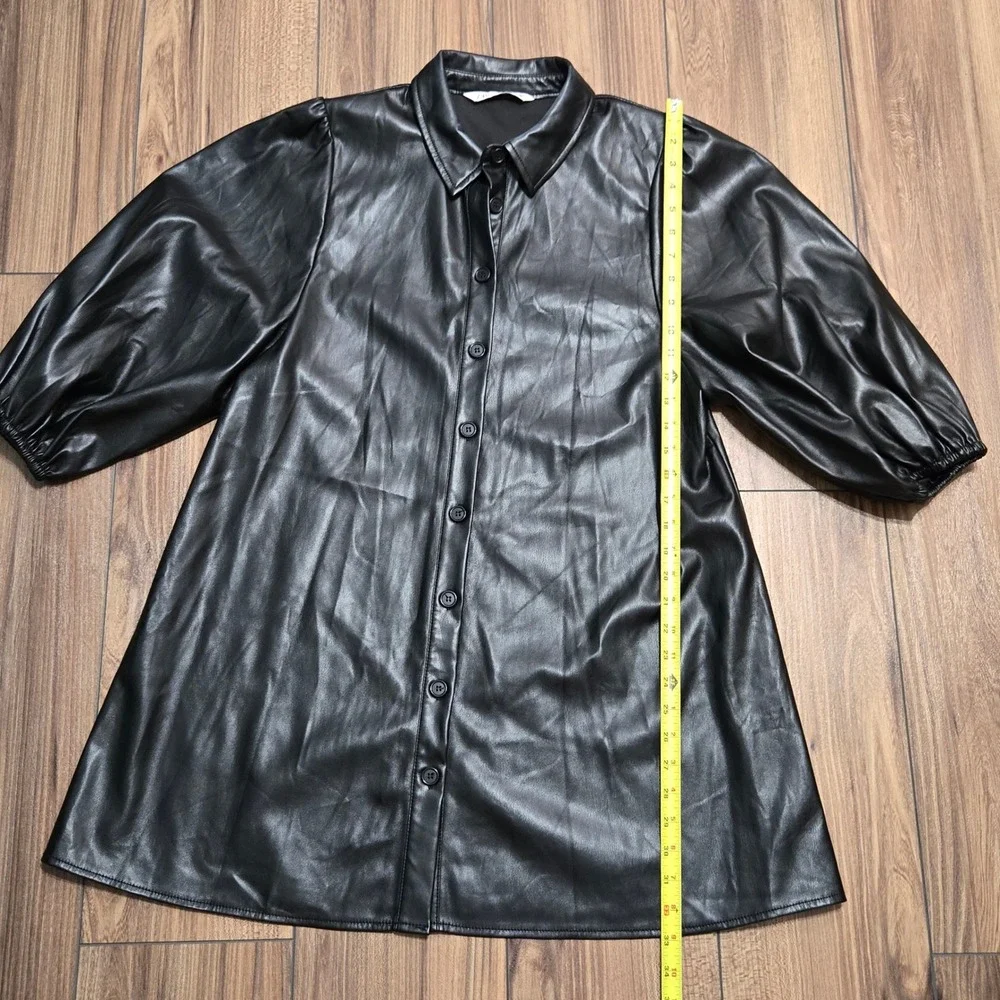 Zara Black Faux Leather Puff Sleeve Button Down Shirt Dress TunicLarge 4369/250 - Picture 6 of 12